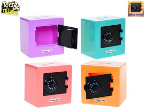 Toys&Trends pokladnička trezor 9x9 cm s odemykáním na kód - mix barev (modrá, růžová, fialová, oranžová) - VÝPRODEJ