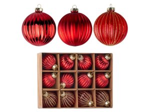 Koule sklo 12ks 40mm na stromeček mix, čirá s glitrem, červená - VÝPRODEJ