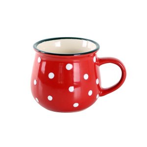 HRNEK 370ml, červená, bílý puntík, keramika - VÝPRODEJ