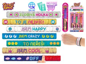 Náramek Secret Bandz 23 cm s českým nápisem a flitry na kartě - mix variant či barev - VÝPRODEJ